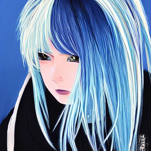 Image similar to profile shot of rimuru tempest, sky blue straight hair, long bangs, gold eyes, amber irises, wearing a black jacket with white stripes, high collar, ultra detailed, wild brush strokes, digital painting, cinematic, wlop, pixiv, color block, eerie, scary, yoshitaka amano, ilya kuvshinov, andy warhol