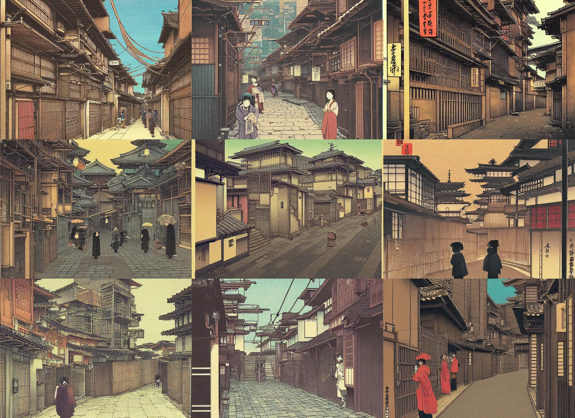 Prompt: a beautiful ukiyo painting of steampunk tokyo alleyway by hasui kawase, takato yomamoto