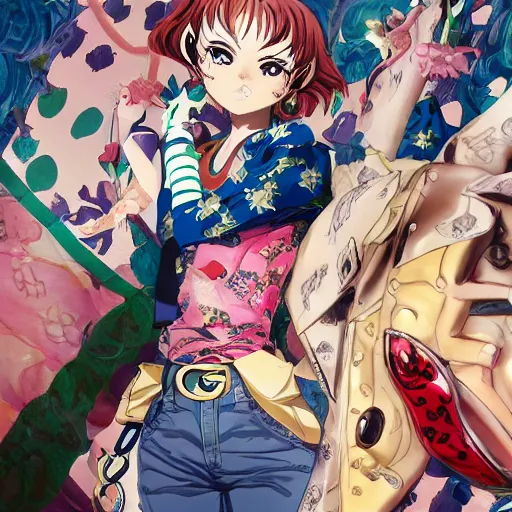 Image similar to Magazine Cover Anime key visual of a Gucci girl; official media; typography; drawn by Hirohiko Araki; Jojo's Bizarre Adventure; Jojolion, portrait, made by Stanley Artgerm Lau, WLOP, Rossdraws, James Jean, Andrei Riabovitchev, Marc Simonetti, Yoshitaka Amano, ArtStation