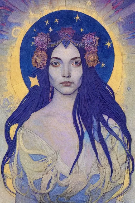 Image similar to queen of the moon with stars in her hair, by nicholas roerich and annie swynnerton and donato giancola and dulac, dramatic lighting, god rays, geometric tattoos, rich colors, smooth sharp focus, extremely detailed, leo and diane dillon, adolf wolfli