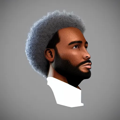 Prompt: low polygon render of a black man with afro hair and raspy bear stubble, high quality, clean, sharp