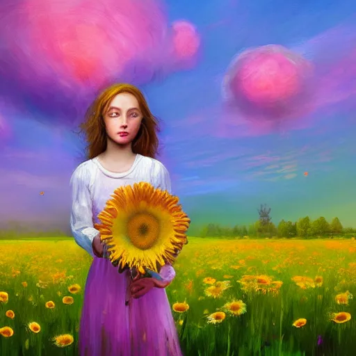 Image similar to giant daisy flower head, portrait of girl in flower field, holding daisy, surreal photography, sunrise, impressionist painting, colorful clouds, digital painting, artstation, simon stalenhag, flower face