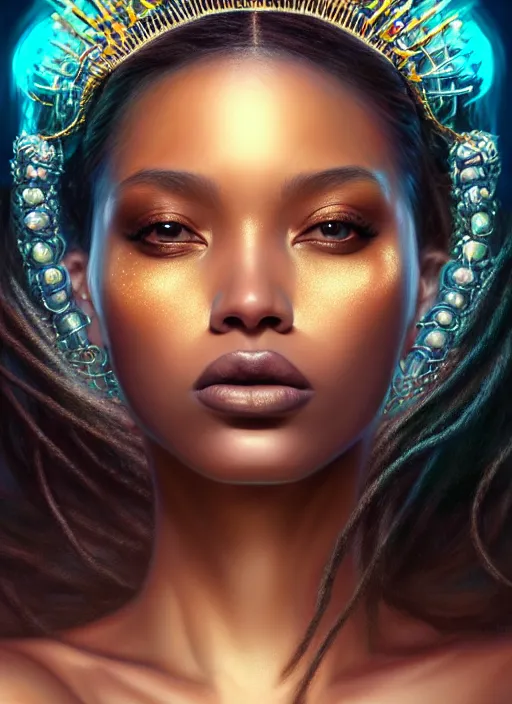 Prompt: portrait of sea queen, fantasy, rule of thirds, intricate, neon highlights, octane render, detailed, brown skin, beautiful, unreal engine, symmetrical!!, loreal, maybelline, sephora, loreal, artstation, art by karol bak, art by artgerm, rossdraws, cinematic, concept art, filmic, vsco