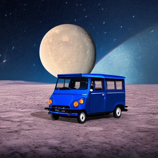 Prompt: a dark blue tuk tuk traveling on the surface of the moon, moon craters, night sky, milky way, hard lighting, matte painting, concept art, 4k