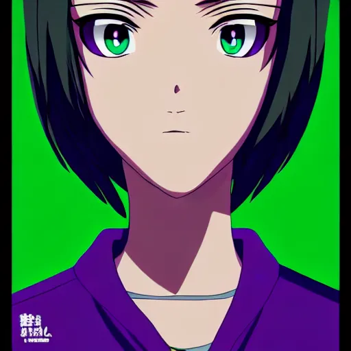 Prompt: anime poster film still portrait, young black woman, black black black woman, purple colored eyes!!!!, white french bob hairstyle, green colored bomber jacket, detailed facial features, dynamic pose,, rimlight, cel shaded, 4 k