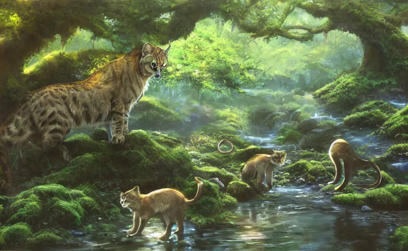 Image similar to wild cats in a clear water stream in a mossy fantastical forest, oil painting by Makoto Shinkai
