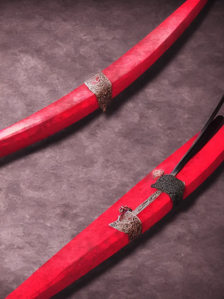 Prompt: a katana with a square tsuba sheathed inside a crimson colored scabbard, cinematic lighting, 4k