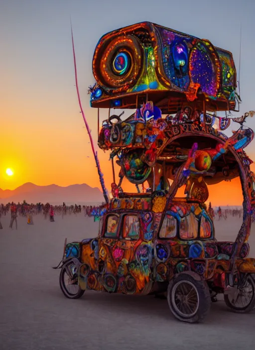 Image similar to burning man art car, sunset, 4 k