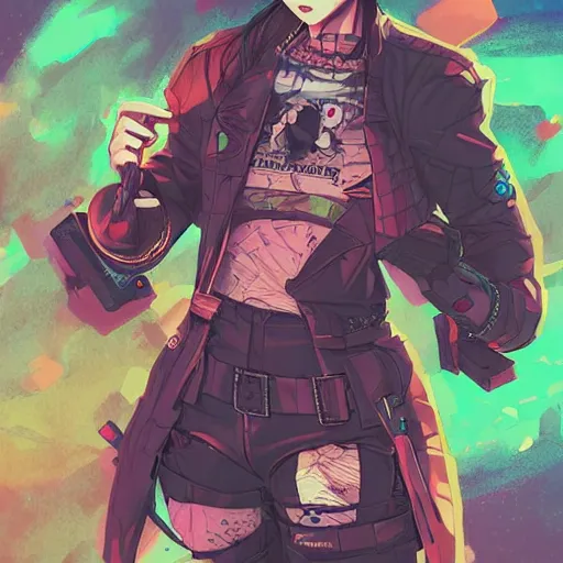 Prompt: high - angle, combat pose of a grungy cyberpunk anime, very cute, by super ss, cyberpunk fashion, curly pink hair, night sky by wlop, james jean, victo ngai, muted colors, highly detailed