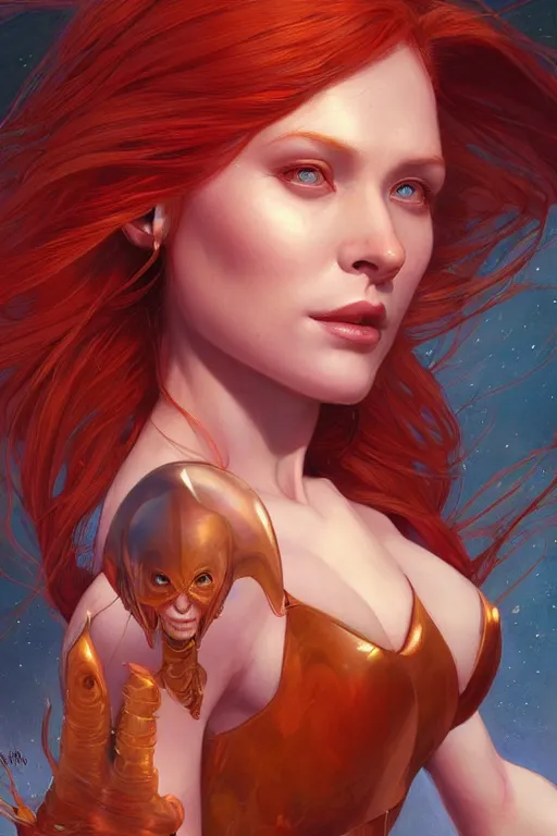 Image similar to Redhead alien human beautiful hybrid feminine woman as a heroine, digital painting, artstation, concept art, smooth, sharp focus, illustration, art by artgerm and donato giancola and Joseph Christian Leyendecker, Ross Tran, WLOP