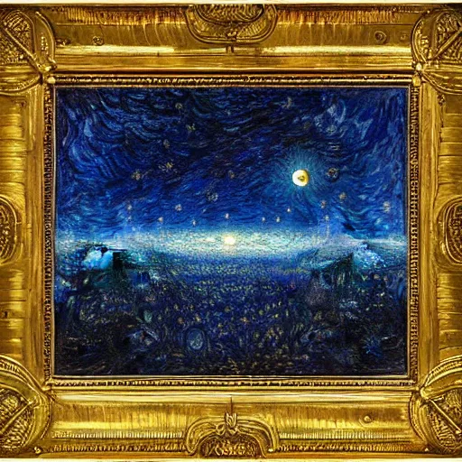 Prompt: stars, solar eclipse, looming over the earth, hdr, high detail, sharp focus, painting by gustave dore and vincent van gogh and claude monet and thomas kinkade and kuniyoshi utagawa, aizome, masterpiece, rich texture, rich vivid color