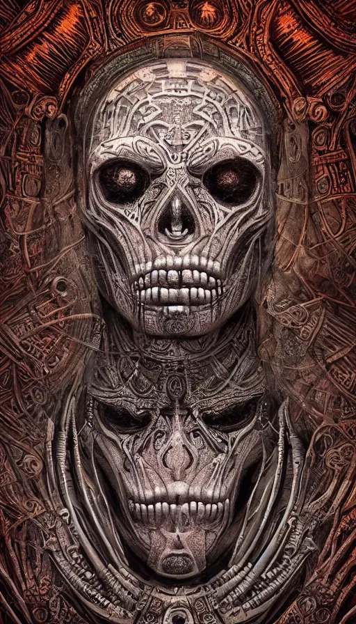 Image similar to ancient interstellar hybrid aztec fantasy beautiful alien symmetrical human face skull mask tattoo pattern concept, teonanacatl glyph, intricate artwork by, Johnatan Wayshak, Zdizslaw Beksinski, face by Artgerm, H.R. Giger, very coherent artwork, cinematic, hyper realism, high detail, octane render, unreal engine, 8k, High contrast, higly detailed black ink outline, crosshatch sketch gradient