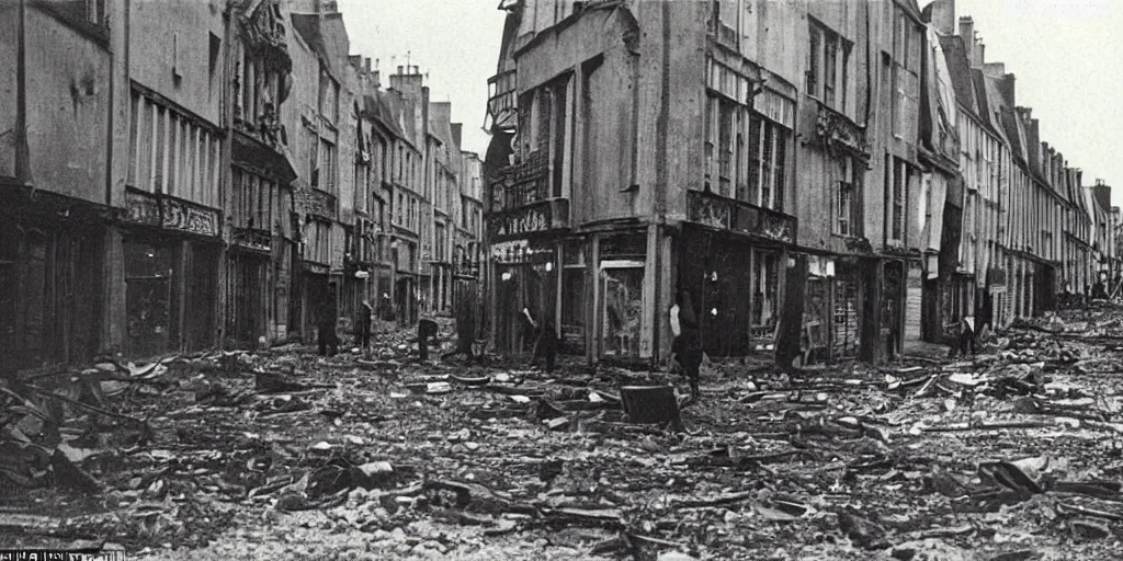 Prompt: a colour night photo of the street of saint - malo after being bombed with pocket of fire in 1 9 4 5