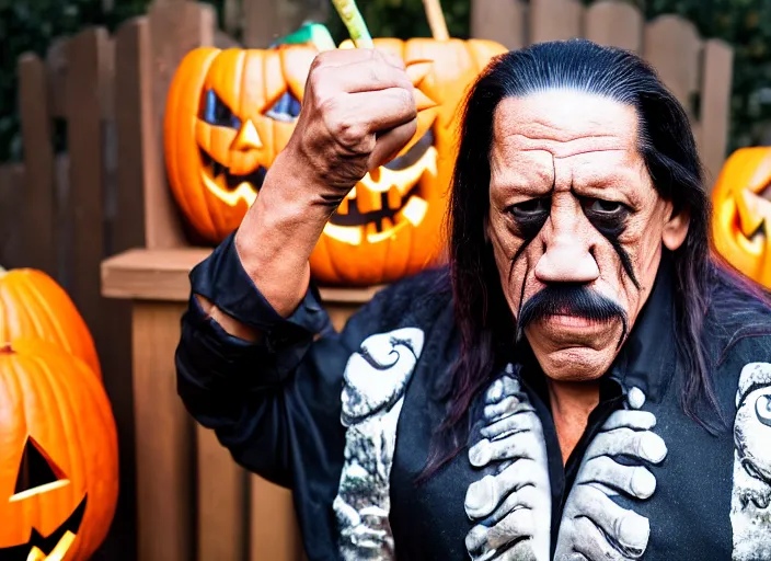 Image similar to dslr photo still of danny trejo trick or treating on halloween, 4 k, 1 2 0 mm f 1 6