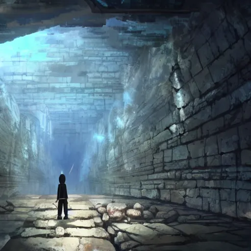 Image similar to an underground ancient temple corridor full of traps by Makoto Shinkai, pressure plate, tripwire, rolling boulder trap, epic composition