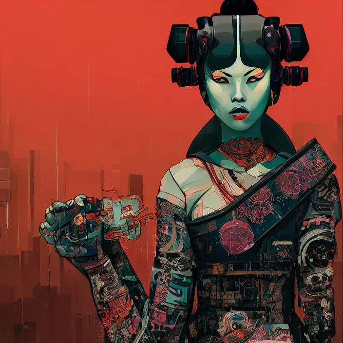 Image similar to a beautiful painting of a cyberpunk geisha by malika favre, in style of noir illustration. colorful comic, symmetry, sci fi, hyper detailed. octanev render. trending on artstation, high detailed, smooth draw.