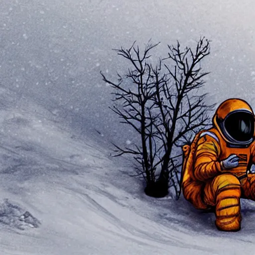 Prompt: astronaut in orange polar exploration suit crouching down in the snow behind a small otherworldly plant, concept art