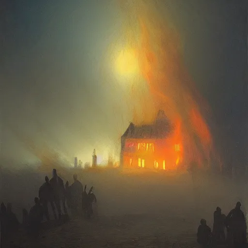 Prompt: A burning building on a foggy night with figures standing in the fog, gothic art, color, detailed