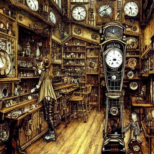 Image similar to interior of a steampunk clock shop, father time, wooden grandfather clocks everywhere, realistic, very intricate masterpiece by arthur rackham