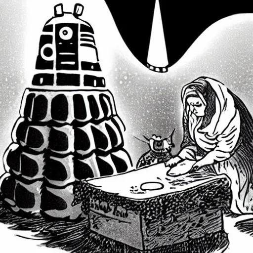 Prompt: Christmas nativity with Dalek