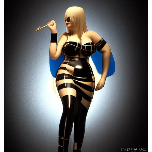 Image similar to curvy sublime feminine hot goth cutie with elegant blue-gold leather dress, checkered, cgsociety, photorealistic, sublime ambience, idealistic, 16k, smooth, sharp focus, trending on ArtStation, volumetric lighting, fully clothed, worksafe