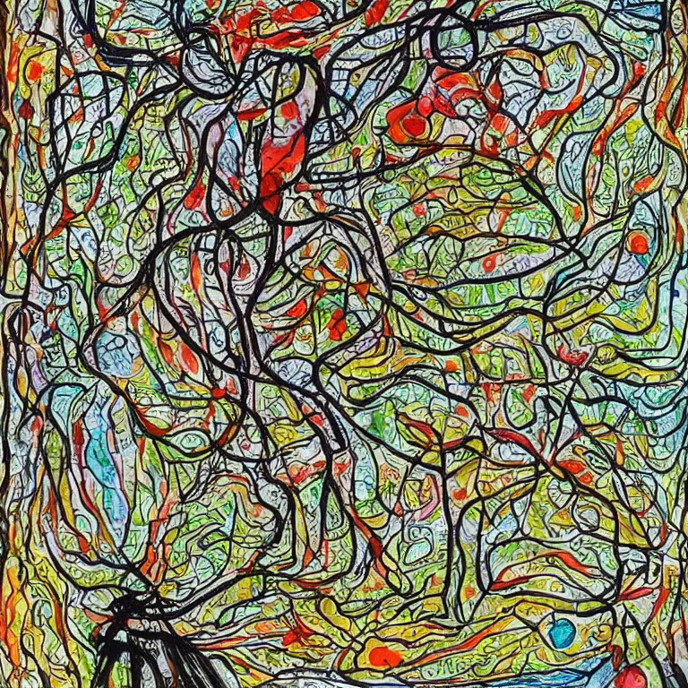 Image similar to human with the sea and the forest inside, veins diverge through the body like rivers filmed on a satellite, a person is decorated with wild berries, a beautiful bird is looking at him next, art brut, colorful picture