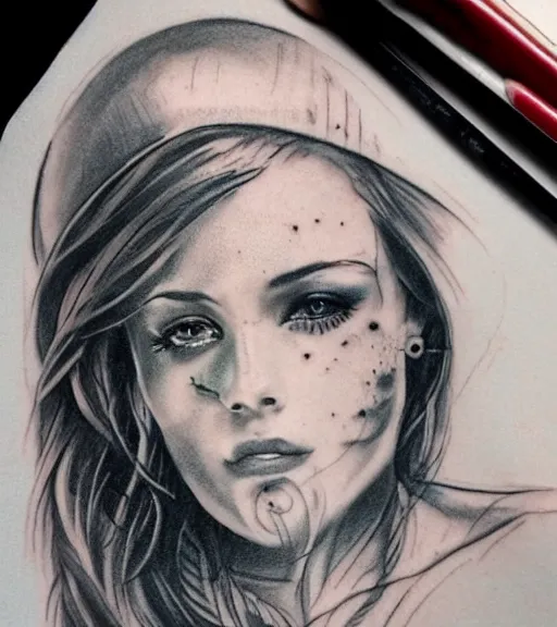 Prompt: tattoo design sketch of a beautiful girl portrait faded in a mountain background, in the style of den yakovlev, realistic face, black and white, realism tattoo, hyper realistic, highly detailed