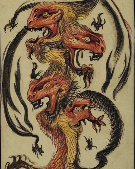 Prompt: a dragon with four heads. one human head, second eagle head, third lion head, fourth ox head. drawn by francis bacon