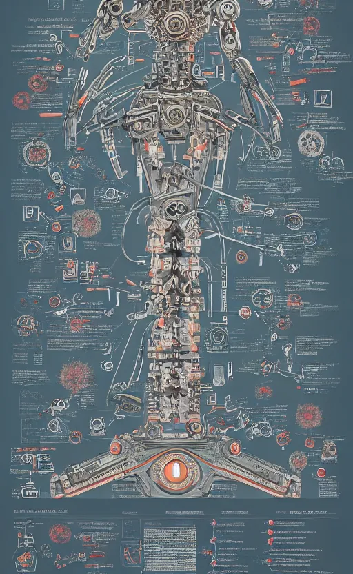 Image similar to anatomy of the terminator, robot, cyborg, t 1 0 0, arc reactor, bloodborne diagrams, mystical, intricate ornamental tower floral flourishes, rule of thirds, technology meets fantasy, map, infographic, concept art, art station, style of wes anderson