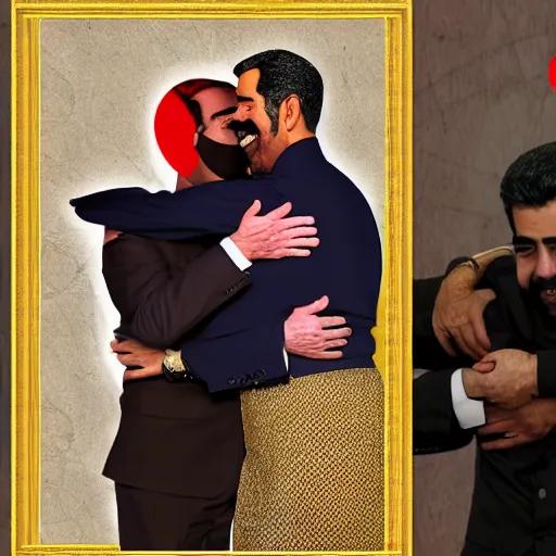 Image similar to Joe Biden and Nicolas Maduro hugging in Tehran, digital art