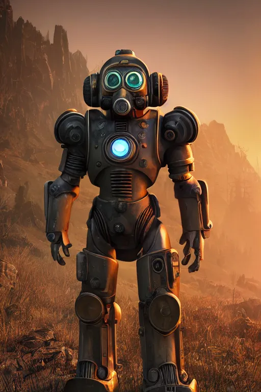 Image similar to fallout 7 6 power armor, hyper realistic, design by mark ryden and pixar and hayao miyazaki, unreal 5, daz, hyperrealistic, octane render, cosplay, rpg portrait, dynamic lighting, intricate, that looks like it is from borderlands and by feng zhu and loish and laurie greasley, victo ngai, andreas rocha, john harris