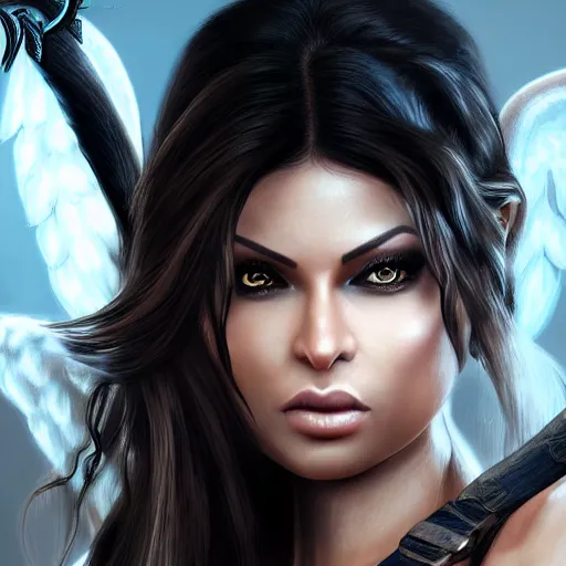 Image similar to portait princess haifa wehbe as lara croft angel of darkness cover, centred, very long hair, hd, unreal engine, art digital painting, amazing background theme