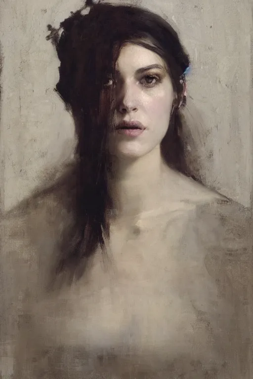 Image similar to Richard Schmid and Jeremy Lipking and Roberto Ferri full length portrait painting of a young beautiful priestess woman