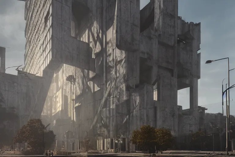 Image similar to streetscape, a towering cathedral of brutalist architecture, buildings covered with greebles, stunning volumetric light, sunset, metal, concrete and translucent material, stunning skies, majestic landscape, trending on Artstation, 8k, photorealistic, hyper detailed, unreal engine 5, IMAX quality, cinematic, epic lighting, in the style of Greg Rutkowski