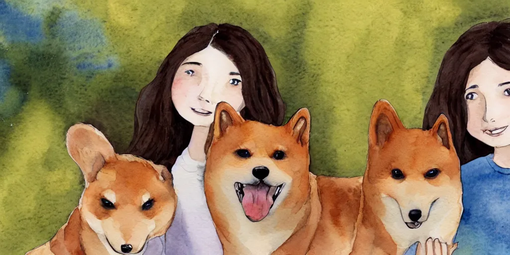 Image similar to a watercolor illustration of a girl with light brown hair, hazel eyes and freckles accompanied by a shiba inu