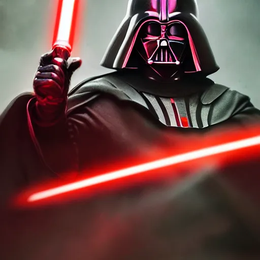 Image similar to portrait of darth vader wielding red lightsabre, league of legends amazing splashscreen artwork, legends of runeterra, splash art, natural light, elegant, photorealistic facial features, intricate, fantasy, detailed face, atmospheric lighting, anamorphic lens flare, cinematic lighting, league of legends splash art, hd wallpaper, ultra high details by greg rutkowski