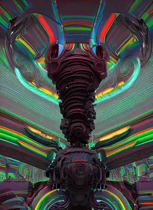 Image similar to a highly detailed landscape of recursive speakers forming a 3 d head. 🔊 head. amplitude and frequency wave visualisation. rainbow xenomorphic. ornate, hyperrealistic, octane render, chiaroscuro, inspired by greg rutkowski, android jones, beeple, shaun tan, frostbite 3 rendered