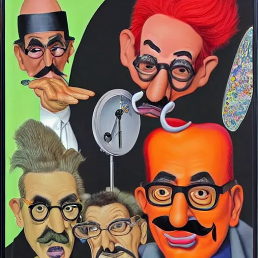 Image similar to beautiful lifelike painting of grace jones disguised as groucho marx, hyperreal detailed facial features and uv lighting, art by ed roth and basil wolverton