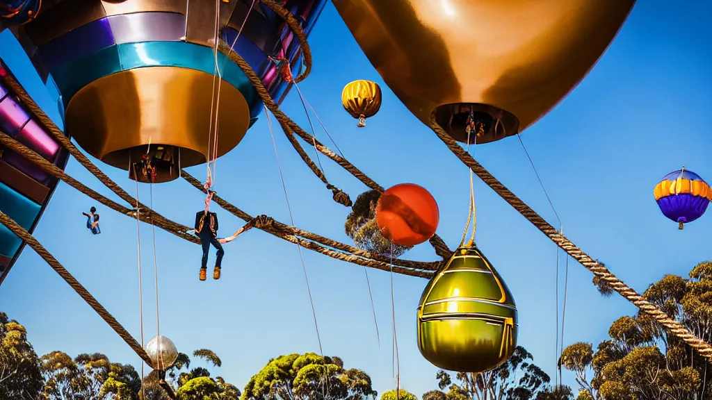 Prompt: large colorful futuristic space age metallic steampunk balloons with pipework and electrical wiring around the outside, and people on rope swings underneath, flying high over the beautiful melbourne in australia city landscape, professional photography, 8 0 mm telephoto lens, realistic, detailed, photorealistic, photojournalism