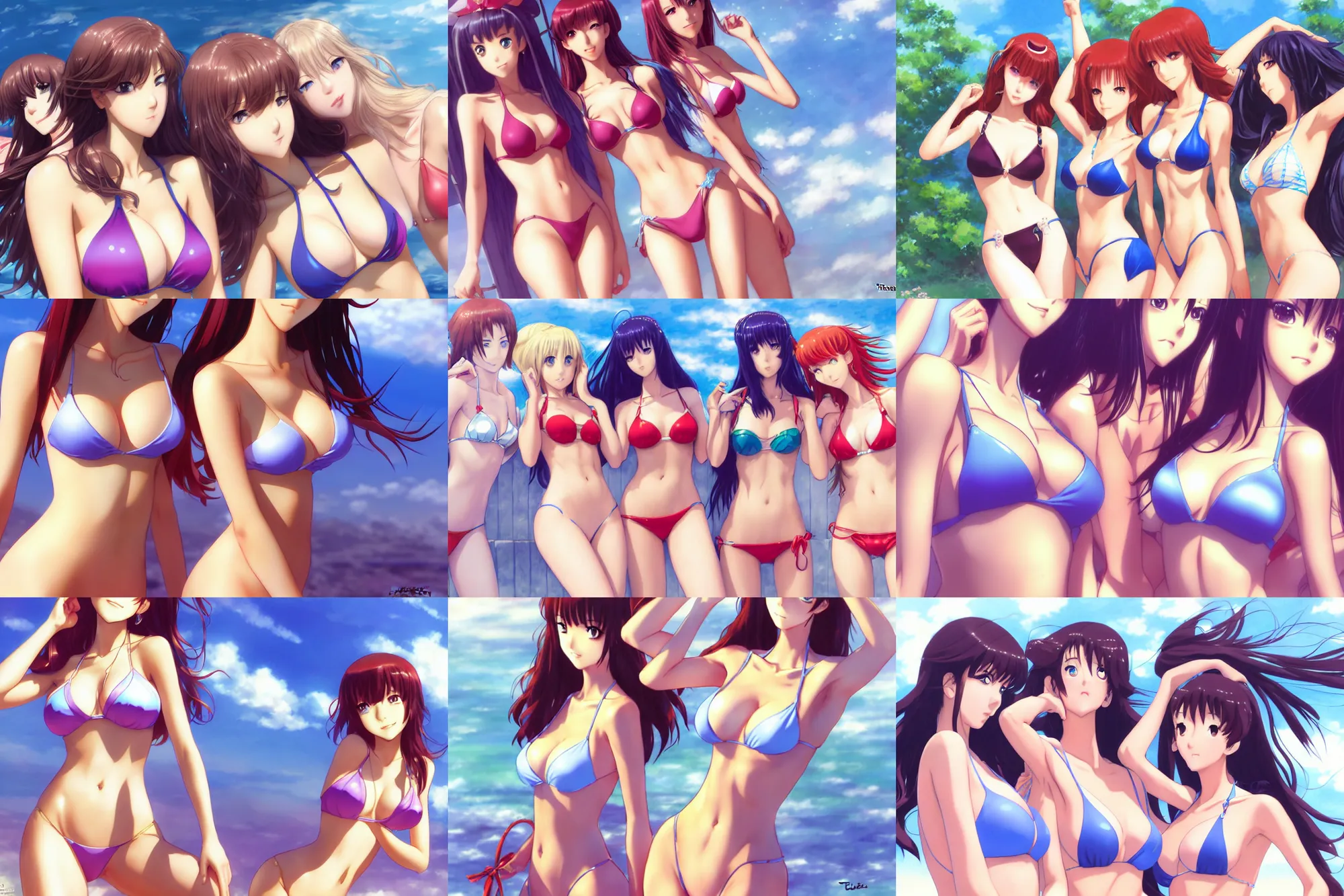 Image similar to close - up princesses posing together in bikini. by takashi takeuchi, yoshiyuki sadamoto, amagaitaro, makoto shinkai, krenz cushart, asao urata, pixiv