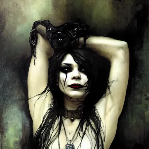 Image similar to beautiful portrait of vanessa hudgens as death from sandman, smiling, by cedric peyravernay, alphonse mucha, by jeremy mann, by lecouffe deharme, goth chic, soft lightning, eyeliner, punk rock, high detailed, 8 k