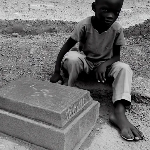 Image similar to a nigerian boy sitting next to a grave, the grave has an engraved text that says rip anglettere super detailed, accurate text, sunflare.