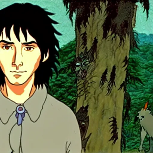 Prompt: a still of keanu reeves in princess mononoke ( 1 9 9 7 ) studio ghibli art style. hayao miyazaki imagination