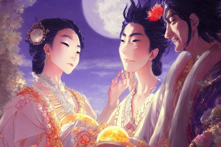 Image similar to close up moment of a divine a japan sun god and a moon goddess lovers magician at a wedding banquet, highly detailed, d & d, fantasy, 4 k realistic, digital painting, trending on artstation, concept art, sharp focus, illustration, art by makoto shinkai and akihiko yoshida and daniel gerhartz