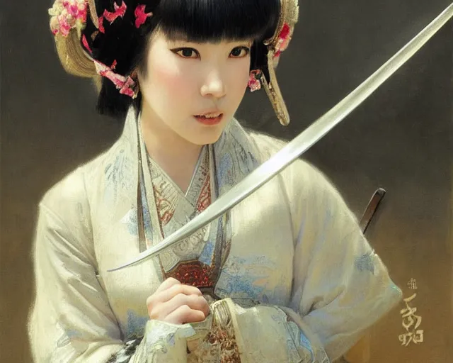 Image similar to a young japanese princess lady with white hair and bangs!!!!, posing with a sword killing an ox, white hair highly detailed painting by gaston bussiere, craig mullins, j. c. leyendecker 8 k