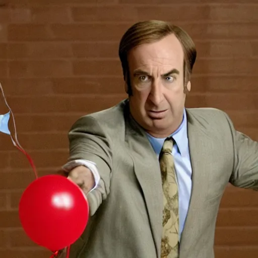 Image similar to saul goodman throwing dart at red ballon, still from anime