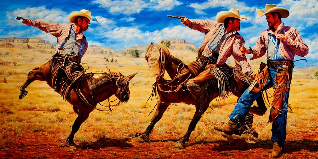 Image similar to photorealist painting of two cowboys dueling, wild west, western duel, cowboy shootout, vivid colors, warm colors, high production value, intricate details, high resolution, hyperrealistic, hdr, high definition, masterpiece, ultra realistic, highly detailed, hd, sharp focus, non blurry, sharp, smooth