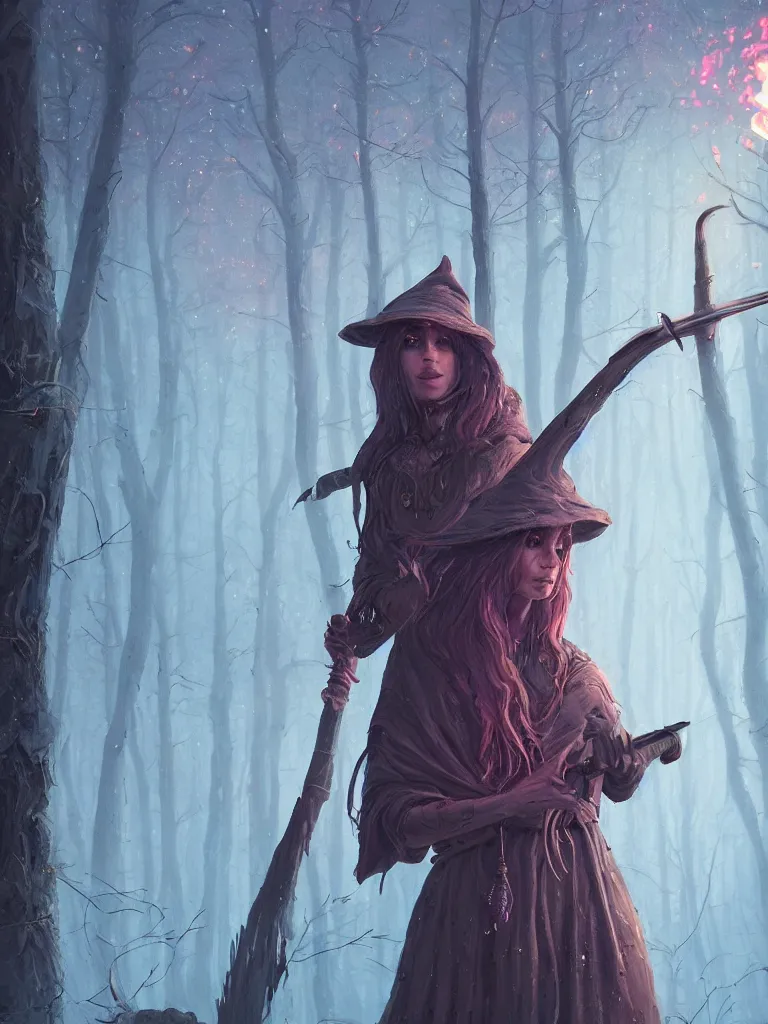 Image similar to close up portrait of a beautiful female witch with glowing sword, magical forest background fantasy atmosphere. art by simon stalenhag. highly detailed, intricate, lifelike. sci - fi, fantasy, magical, nikon d 8 5 0.