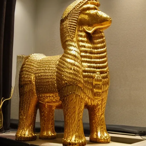 Prompt: gold statue of gilgamesh, flanked by lamassu