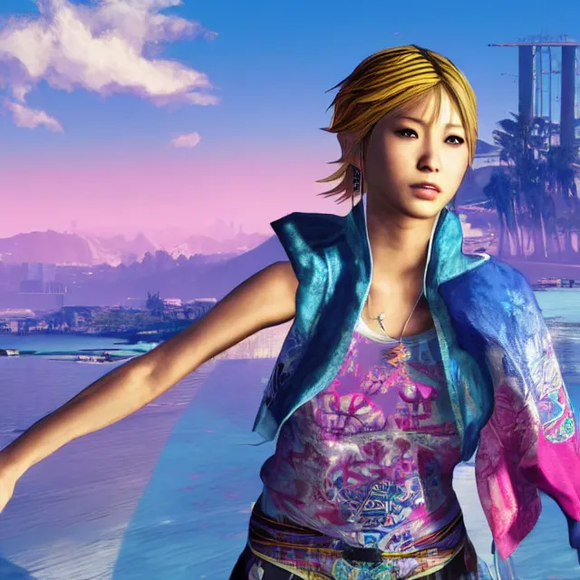 Prompt: Yuna from Final Fantasy X in GTA V, Cover art by Stephen Bliss, boxart, loading screen,